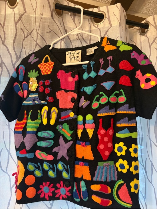 Michael Simon Sweaters - Vintage Michael Simon Black Knit Cardigan Bright Multicolor Summer Appliqués